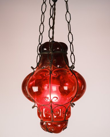 Lamp/Grid Pendant - Ruby Red Glass - Venetian Style - 1950s