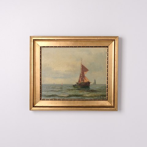 Marinemalerei mit Segelschiff im Goldrahmen aus den 1890er Jahren