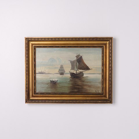 Marinemalerei mit Drei Segelschiffen bei Schloss Kronborg im Goldrahmen aus den 1890er Jahren