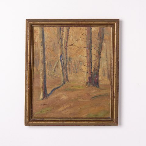 Gemälde auf Leinwand mit Waldmotiv in Gelblichen Farbtönen aus den 1930er Jahren