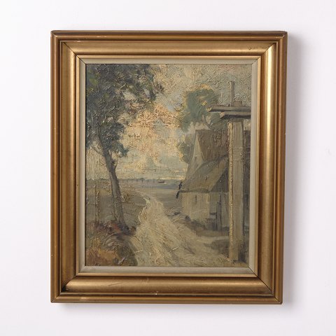 Gemälde auf Platte mit Bauernhausmotiv im Goldrahmen aus den 1930er Jahren