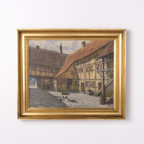 Signiertes Gemälde auf Leinwand mit Bauernhof und Hühnern im Goldrahmen aus den 1940er Jahren