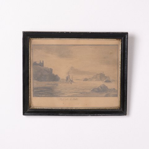 Zeichnung mit Küstenmotiv von St. Malo in Schwarzem Rahmen