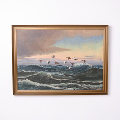 Marinemalerei auf Leinwand mit Holzrahmen und Goldverzierung Signiert aus den 1920er Jahren