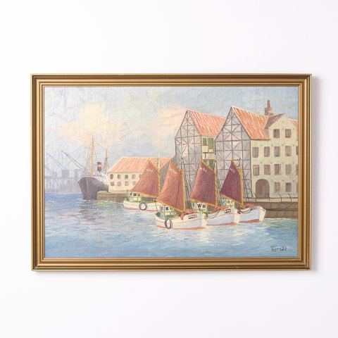 Gemälde auf Leinwand mit Motiv des Hafens von Tornø Signiert aus den 1950er Jahren
