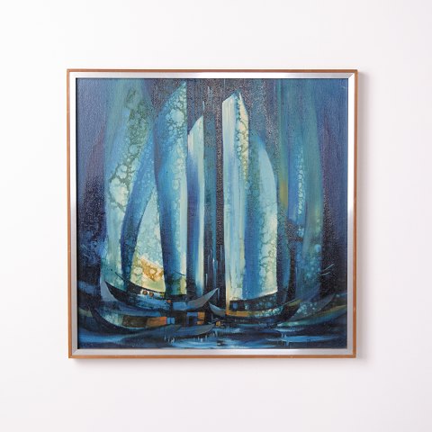Gemälde auf Leinwand mit Modernem Motiv in Blauen Farbtönen aus den 1980er Jahren