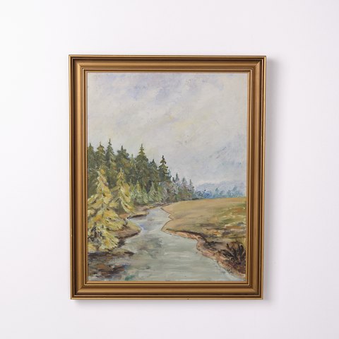 Landschaftsgemälde auf Leinwand mit Goldrahmen aus den 1950er Jahren