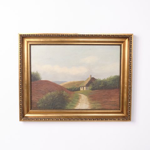 Gemälde auf Leinwand mit Weg zu Bauernhaus und Landschaft im Goldrahmen aus den 1940er Jahren