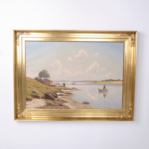 Gemälde auf Leinwand mit Küstenmotiv und Fischern im vergoldeten Rahmen