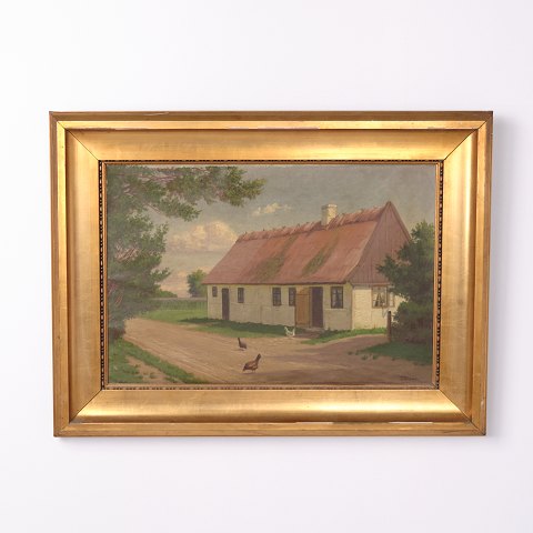Gemälde auf Leinwand mit Bauernhausmotiv im vergoldeten Rahmen