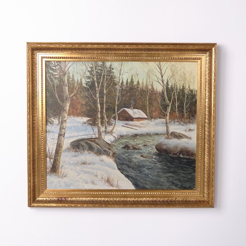 Signiertes Gemälde auf Leinwand mit Winterlandschaft, gerahmt