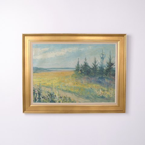 Gemälde auf Leinwand mit Landschaftsmotiv im vergoldeten Rahmen von 1969