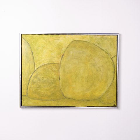 Signiertes Gemälde auf Leinwand mit modernem Motiv in gelben Farbtönen, gerahmt