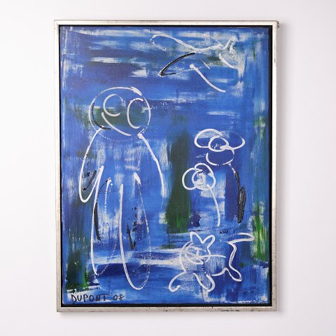 Gemälde auf Leinwand in blauen Farbtönen, signiert „08“
