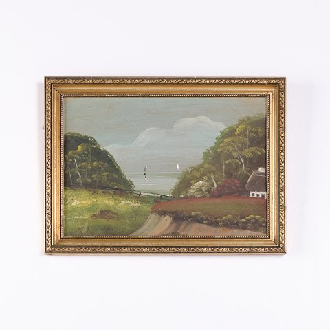 Gemälde auf Leinwand mit Goldrahmen und Motiv einer Pferdekoppel mit Meerblick 20. Jahrhundert