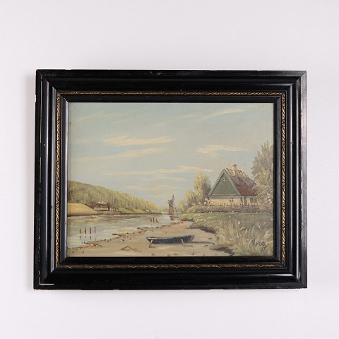 Gemälde auf Leinwand mit Motiv eines Flusses und Landhauses Signiert Krog