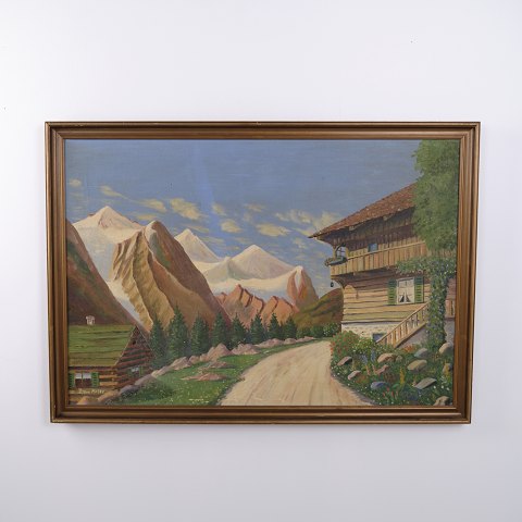 Ölgemälde mit Alpenlandschaft und Berghöfen, ca. 1940–1960