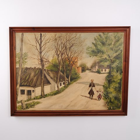 Ölgemälde mit Dorfmotiv, Frau und Kind, signiert N. Leach, ca. 1940–1960