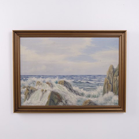 Ölgemälde mit Felsenküste und Bewegter See, signiert Vagn Christensen, ca. 1940–1960