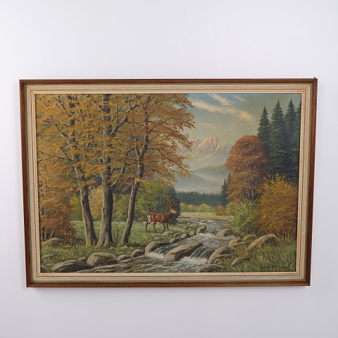 Svend Østergaard Ölgemälde mit Rothirsch in Herbstlandschaft, ca. 1930–1950