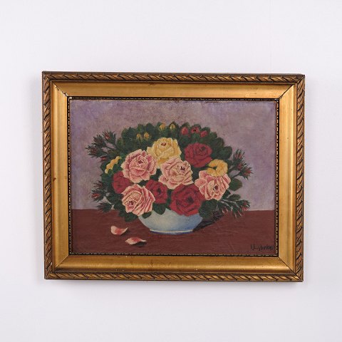 Ölgemälde mit Rosen in einer Schale, signiert, ca. 1930–1950