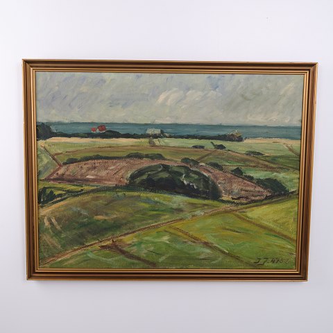 Ölgemälde mit Landschaft, Feldern und Höfen, ca. 1940–1960