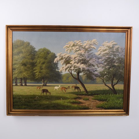 Ölgemälde auf Leinwand mit Damhirschen im Dyrehaven unter Blühenden Bäumen, signiert, ca. 1910–1920