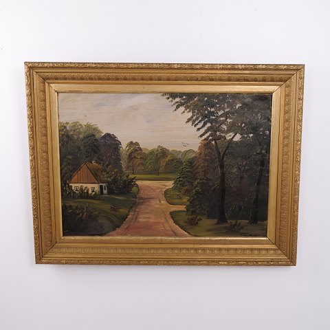 F. Schmidt Ölgemälde mit Waldlandschaft, Landstraße und Reetgedecktem Haus, 1900