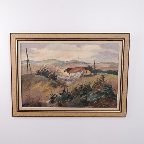 Ölgemälde auf Leinwand mit Hügeliger Landschaft, Bauernhof und Tannenbäumen, signiert, ca. 1960–1980