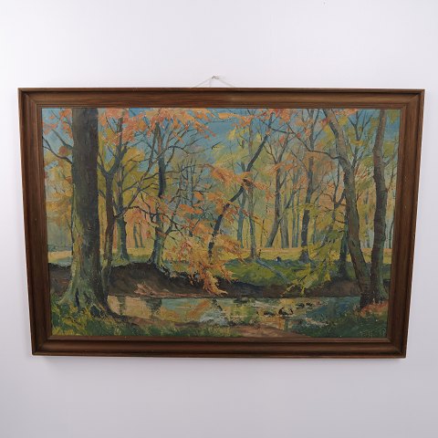 Ölgemälde auf Leinwand mit Herbstwald und Bachlauf, signiert, ca. 1940–1960