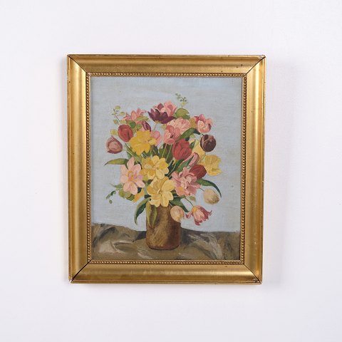 Blumenbild auf Platte mit Vase im Goldrahmen 40 x 34 cm