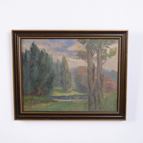 Landschaftsgemälde auf Leinwand mit Bäumen im Goldrahmen 39 x 48,5 cm