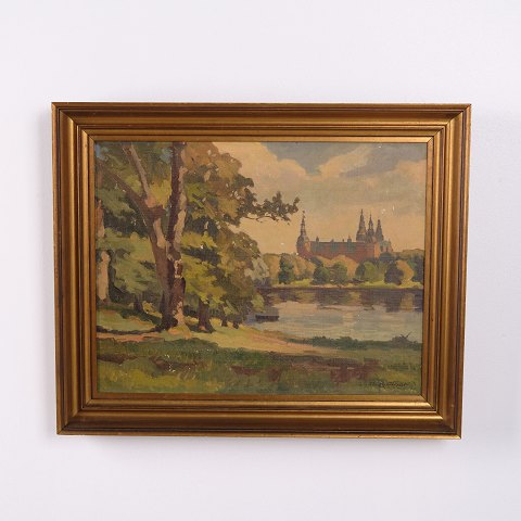 Gemälde auf Leinwand mit Schloss am See im Goldrahmen 41 x 50 cm