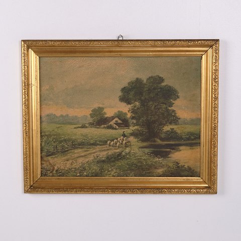 Landschaftsgemälde auf Platte mit Schafen im Goldrahmen 37,5 x 47,5 cm