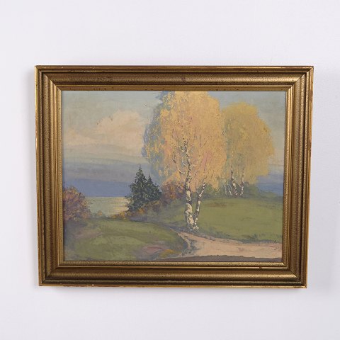 Landschaftsgemälde auf Leinwand mit Birken im Goldrahmen 40,5 x 50 cm