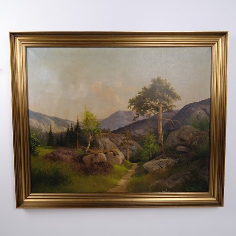 Landschaftsgemälde auf Leinwand mit Berglandschaft und Bäumen im Goldrahmen 112,5 x 136 cm