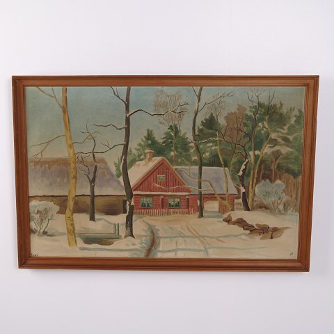 Ölgemälde auf Leinwand mit Winterlandschaft und Haus im Goldrahmen 58 x 87,5 cm