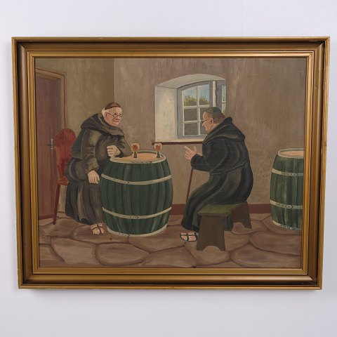 Gemälde auf Leinwand mit Kloster und Mönchen im Goldrahmen 66 x 81 cm
