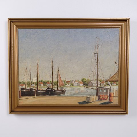Ölgemälde auf Leinwand mit Hafenmotiv und Booten im Goldrahmen 60 x 75 cm