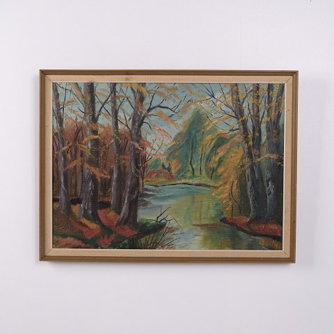 Landschaftsgemälde auf Leinwand mit Waldmotiv und Bach im Goldrahmen 47,5 x 64 cm