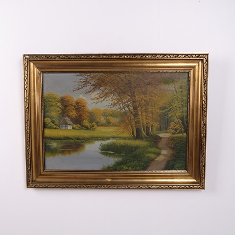Ölgemälde auf Leinwand mit Landschaft und See im Goldrahmen 59 x 79,5 cm