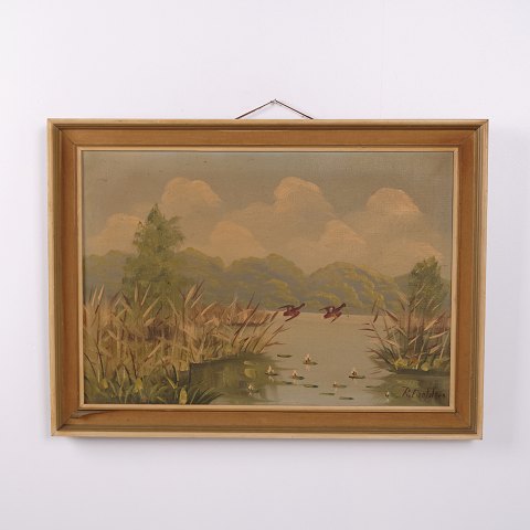 Landschaftsgemälde auf Leinwand mit See und Enten im Goldrahmen 55,5 x 75,5 cm