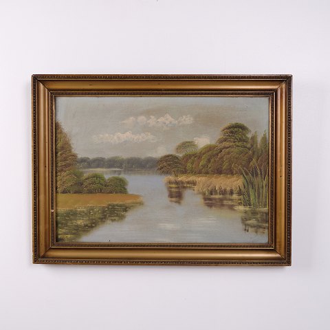 Landschaftsgemälde auf Leinwand mit See, Schilf und Bäumen im Goldrahmen 55 x 75 cm