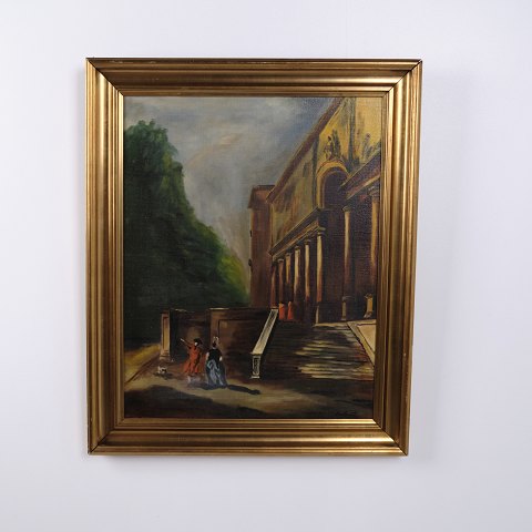 Stadtgemälde auf Leinwand mit Kirche und Personen im Goldrahmen 76,5 x 62,5 cm