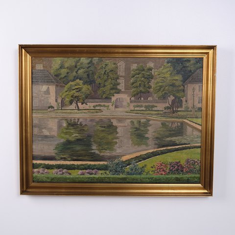 Landschaftsgemälde auf Leinwand mit Park und See im Goldrahmen 64 x 82 cm