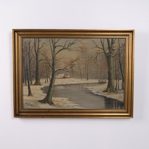Ölgemälde auf Leinwand mit Winterlandschaft, Wald und Bach im Goldrahmen 55,5 x 75 cm
