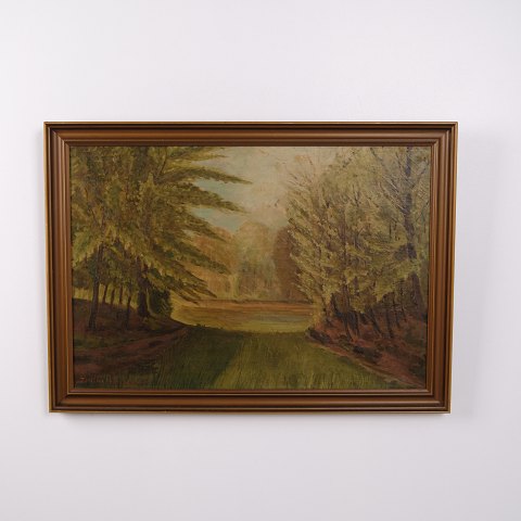 Ölgemälde auf Leinwand mit Waldweg und Lichtung im Goldrahmen 57 x 79 cm