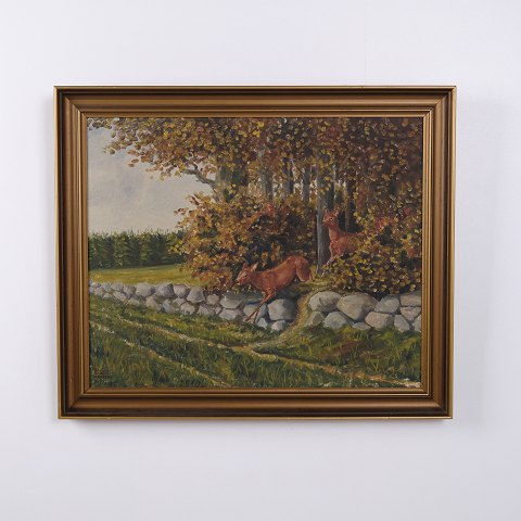 Ölgemälde auf Leinwand mit Reh an einer Steinmauer im Goldrahmen 58,5 x 70 cm