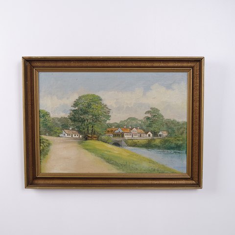 Ölgemälde auf Leinwand mit Landschaft und Bauernhof am See im Goldrahmen 56 x 75,5 cm
