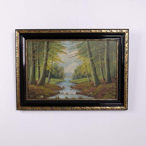 Ölgemälde auf Leinwand mit Waldmotiv, Bach und Bäumen im Gold Schwarz Rahmen